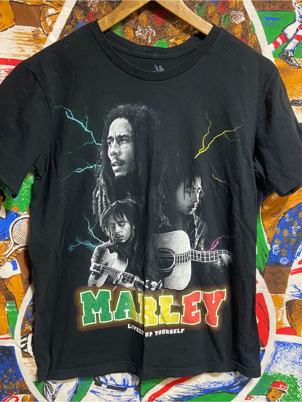 Zion Rootswear Black Bob Marley Graphic Tee with Red, Yellow & Green Accents